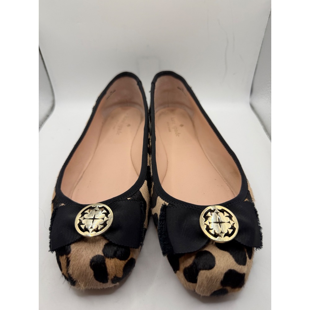 Kate Spade Leopard Print Calf Hair Bow Ballet Flats Gold Logo Medallion 7M